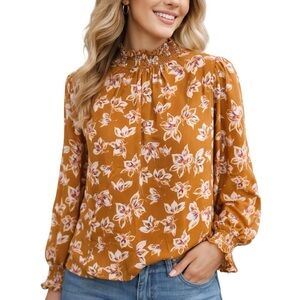 2/$30 Mustard Floral Smocked Neck Blouse Size M Long Sleeve Boho Top